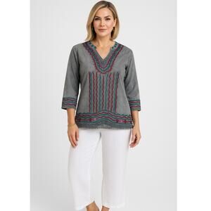 Parsley & Sage Crinkle Embroidered Boho Tunic Top Gray Multicolor Trim Size M